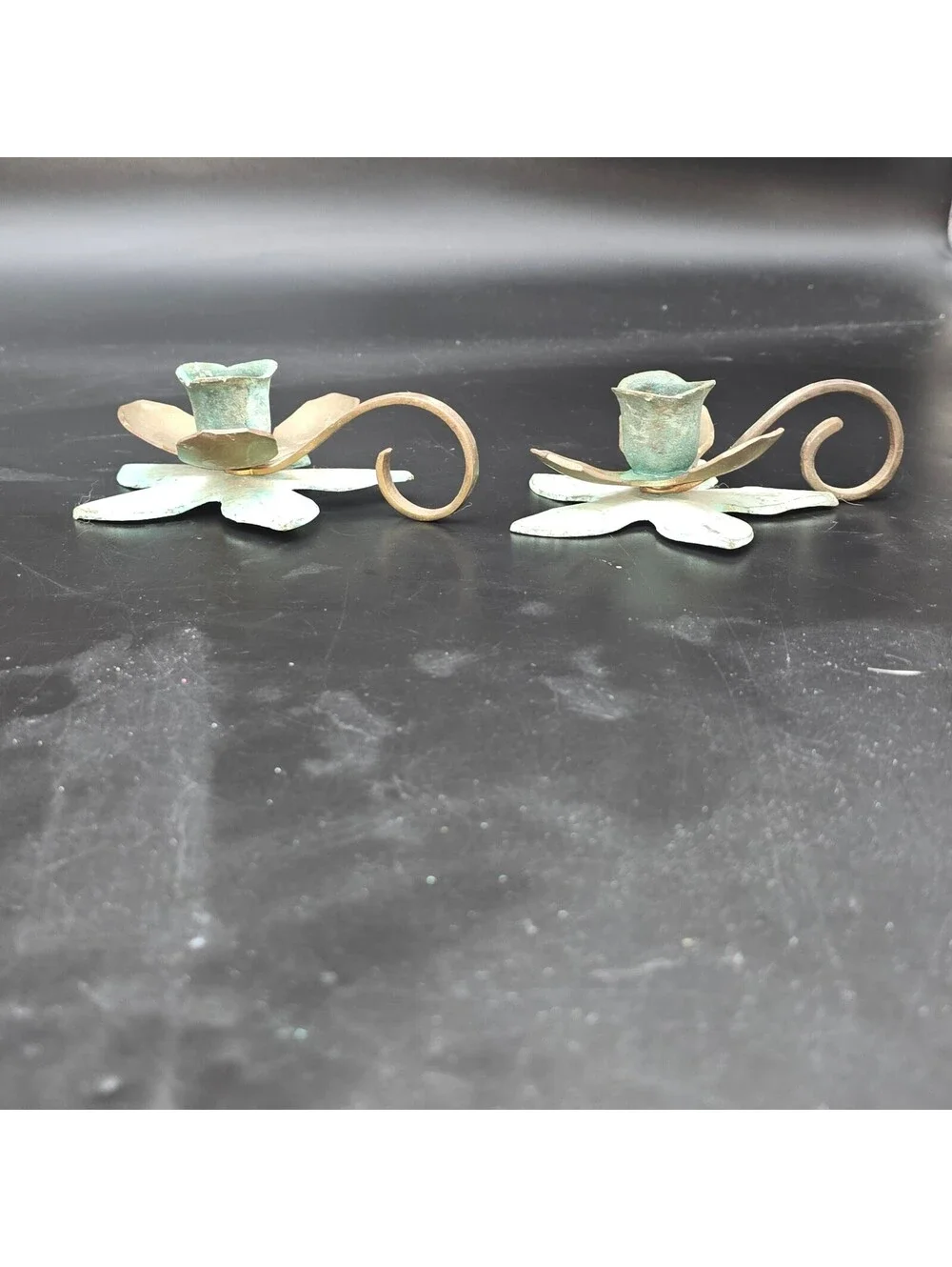 Vintage Verdigris Brass Flower Chamberstick Candle Holders Pair Made in India